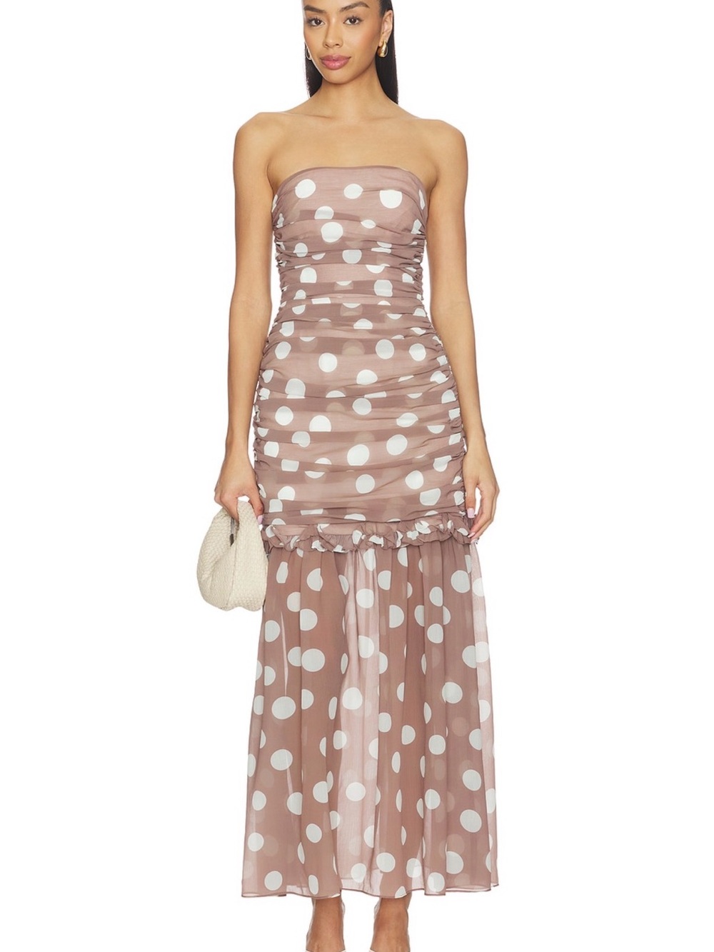 Strapless Polka Dot Ruched Maxi Dress - Taupe/White